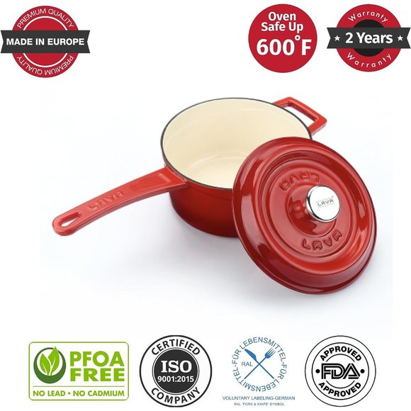 1.5 Red Quarts Round Sauce Pot Long Handle with Lid - Picture 3 of 7